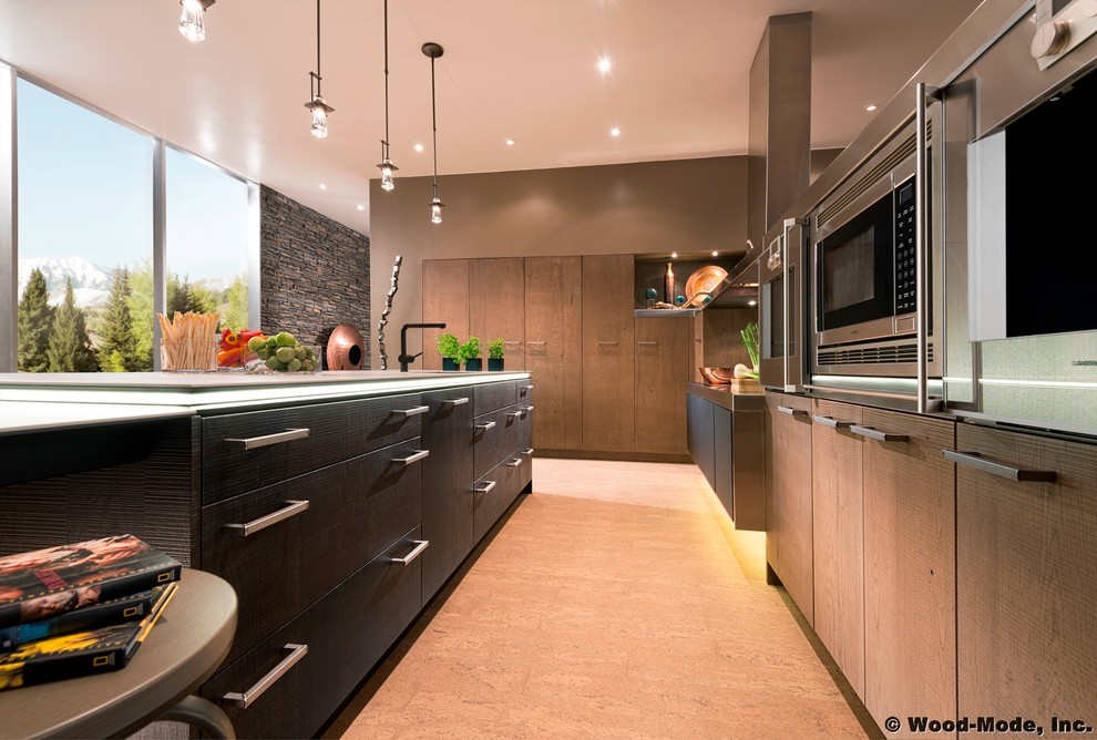 Inspiration for a large contemporary single-wall light wood floor eat-in kitchen remodel in Houston with an undermount sink, flat-panel cabinets, brown cabinets, quartz countertops, stone slab backsplash, stainless steel appliances and an island