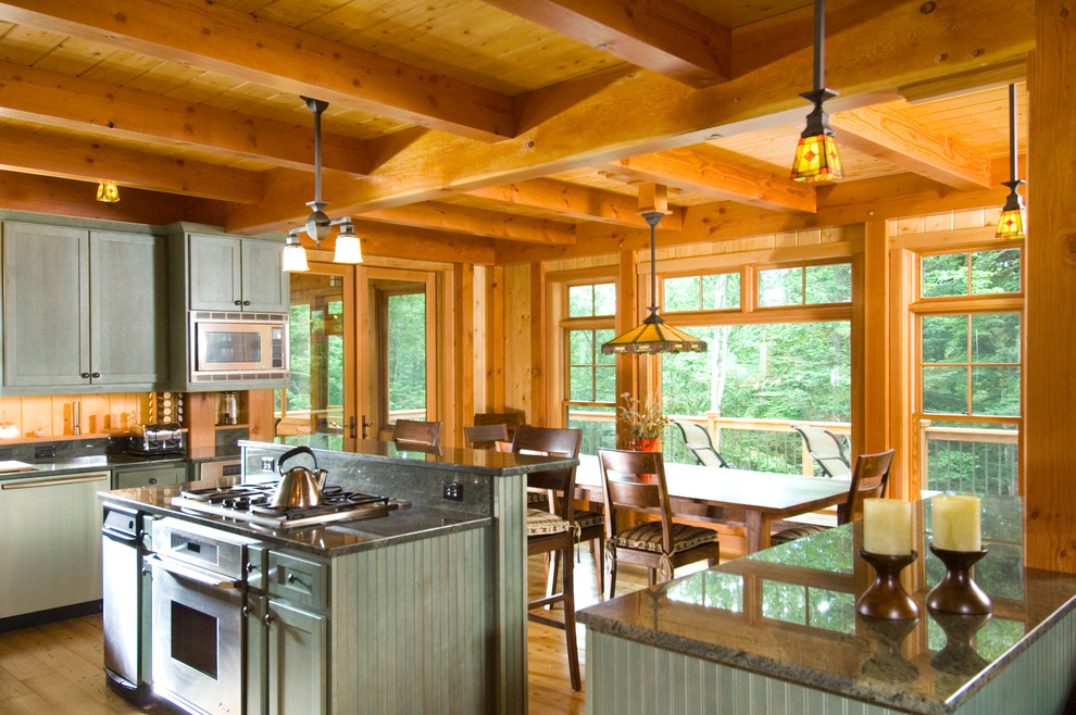 Example of a mid-sized mountain style u-shaped light wood floor and brown floor eat-in kitchen design in Boston with recessed-panel cabinets, gray cabinets, granite countertops, brown backsplash, wood backsplash, stainless steel appliances, an island and gray countertops