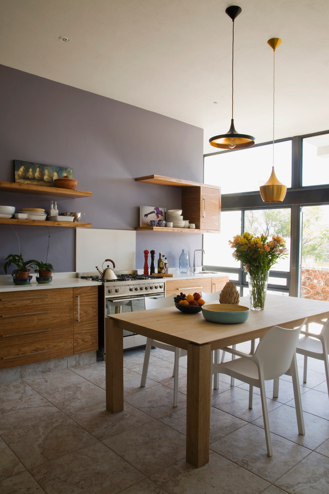 Ejemplo de cocina minimalista con armarios con paneles lisos y electrodomésticos de acero inoxidable