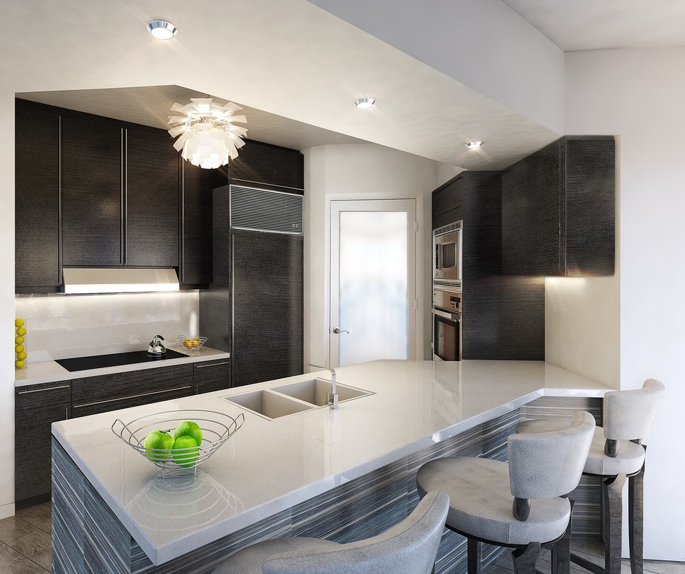 Mid-sized trendy u-shaped porcelain tile eat-in kitchen photo in Miami with a double-bowl sink, flat-panel cabinets, marble countertops, white backsplash, stone slab backsplash, paneled appliances and an island