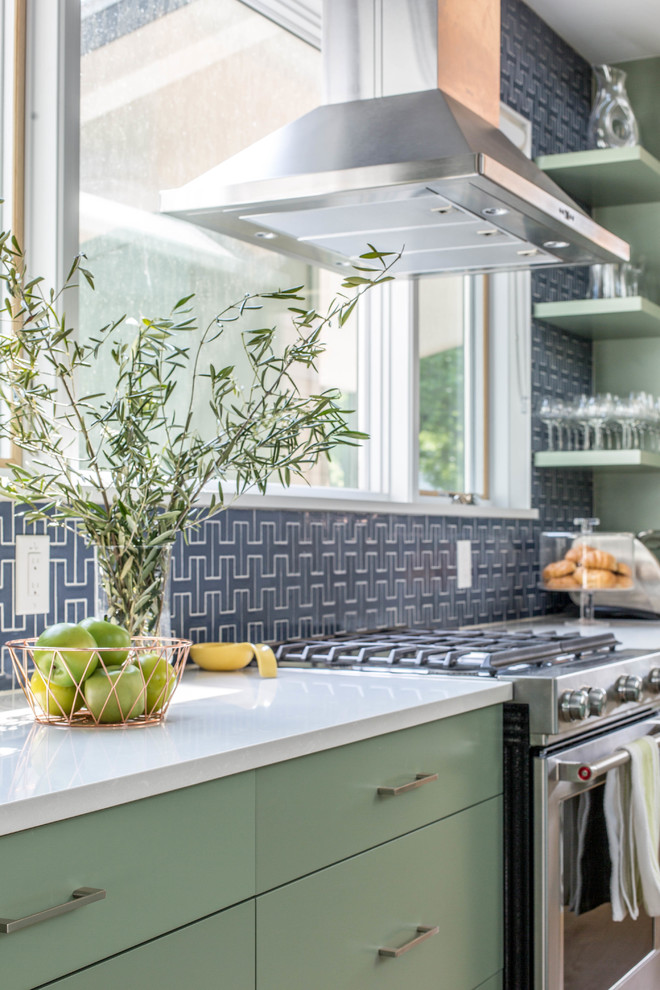 Design ideas for a modern kitchen in San Francisco with green cabinets, blue splashback and ceramic splashback.