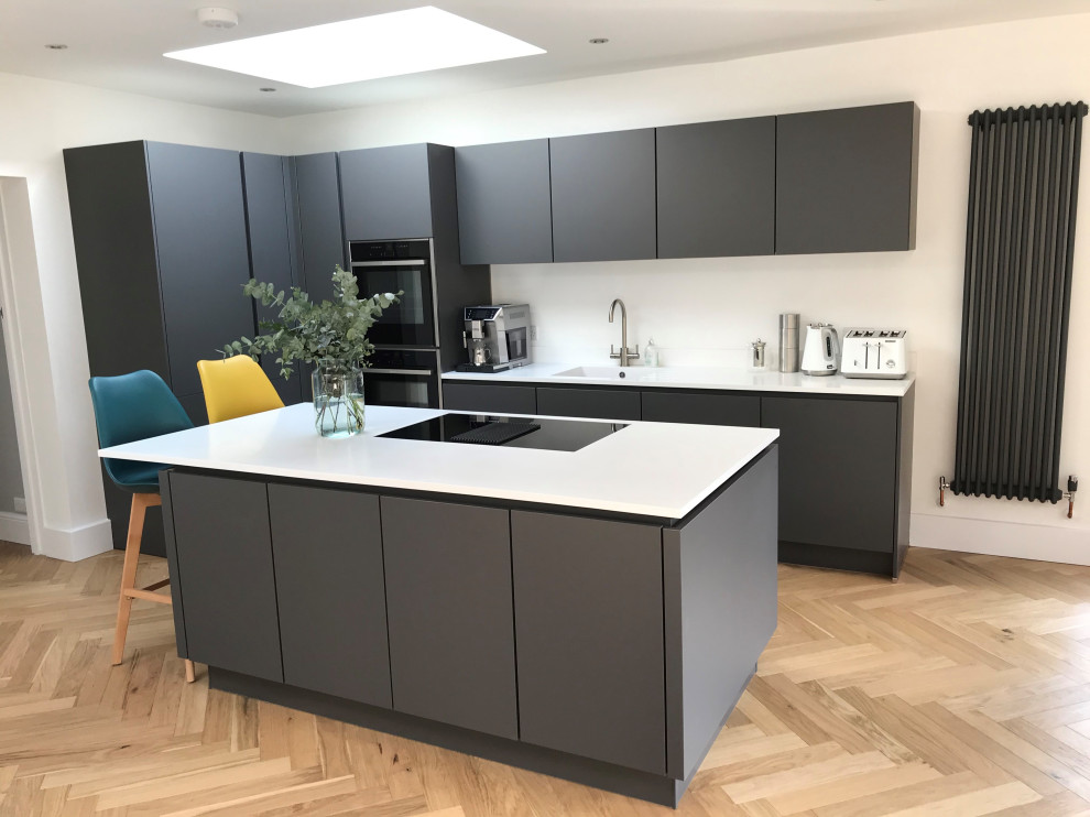 Slate Grey Open Plan kitchen with Island and Quartz Worktops