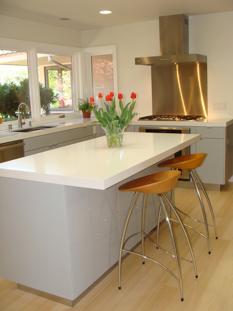 Exemple d'une cuisine grise et blanche moderne avec un électroménager en acier inoxydable et un plan de travail en quartz modifié.
