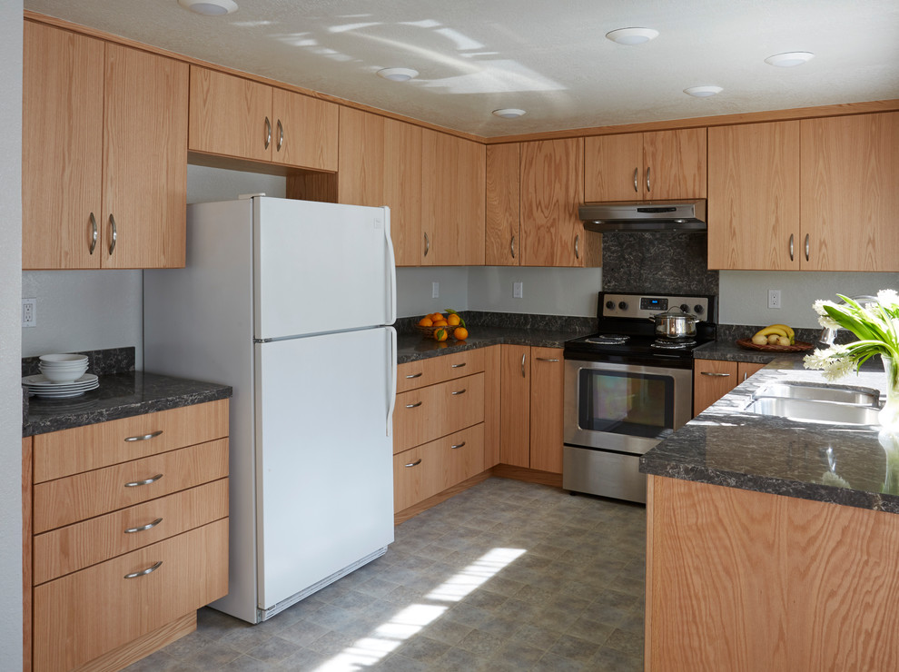 Mid-sized u-shaped vinyl floor enclosed kitchen photo in San Francisco with a double-bowl sink, flat-panel cabinets, light wood cabinets, quartz countertops, gray backsplash, stone slab backsplash, stainless steel appliances and no island