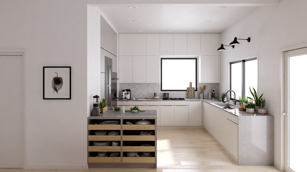 Идея дизайна: п-образная кухня-гостиная среднего размера в современном стиле