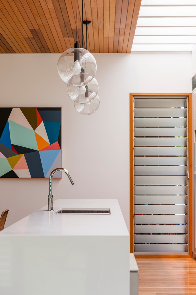 Immagine di una cucina minimalista con lavello a doppia vasca, pavimento in legno massello medio e elettrodomestici in acciaio inossidabile