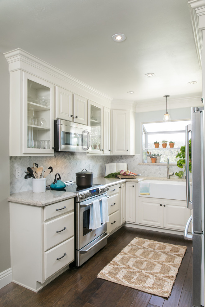 Small White Kitchen with Farmhouse Sink in Poway Transitional