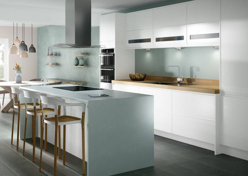 Eat-in kitchen - large contemporary single-wall porcelain tile and gray floor eat-in kitchen idea in Other with a single-bowl sink, flat-panel cabinets, white cabinets, wood countertops, blue backsplash, paneled appliances and an island