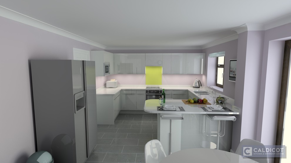 Mid-sized minimalist u-shaped ceramic tile and gray floor eat-in kitchen photo in Other with an integrated sink, flat-panel cabinets, white cabinets, solid surface countertops, yellow backsplash, glass sheet backsplash, stainless steel appliances and a peninsula