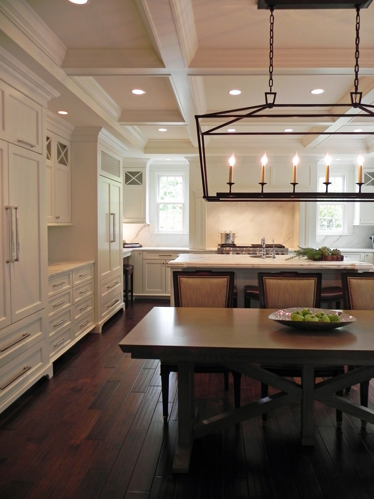Inspiration for a large timeless single-wall dark wood floor eat-in kitchen remodel in Baltimore with an undermount sink, flat-panel cabinets, marble countertops, stone slab backsplash, paneled appliances, white cabinets, gray backsplash and an island