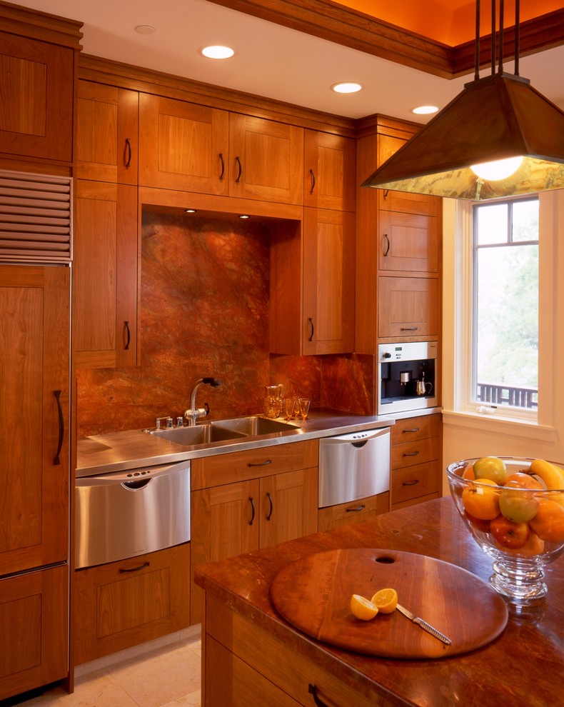 Inspiration for a mid-sized craftsman l-shaped ceramic tile eat-in kitchen remodel in San Francisco with a double-bowl sink, shaker cabinets, dark wood cabinets, stainless steel countertops, brown backsplash, stone slab backsplash, stainless steel appliances and an island