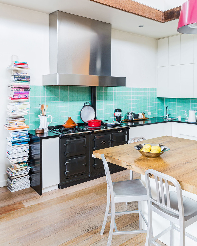 Foto på ett eklektiskt kök, med svarta vitvaror, en köksö, släta luckor, vita skåp, blått stänkskydd och ljust trägolv