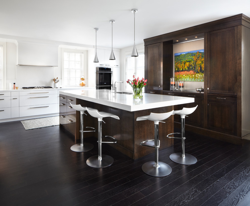 Inspiration for a contemporary u-shaped dark wood floor enclosed kitchen remodel in Toronto with an undermount sink, flat-panel cabinets, dark wood cabinets, quartzite countertops, white backsplash, stone slab backsplash, stainless steel appliances and an island