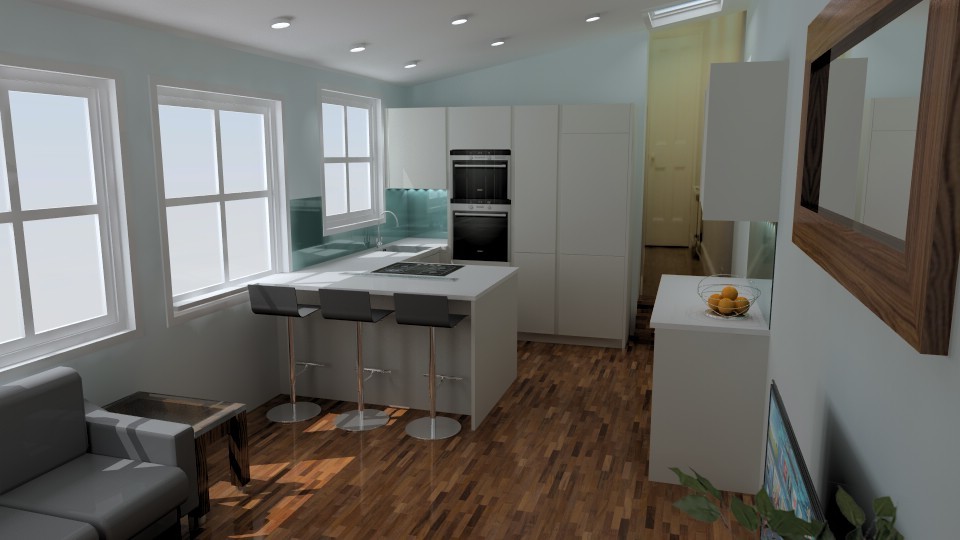 Modern inredning av ett litet kök, med släta luckor, grå skåp, bänkskiva i kvartsit, blått stänkskydd, glaspanel som stänkskydd, svarta vitvaror, mellanmörkt trägolv, en halv köksö och en enkel diskho