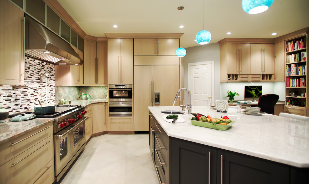 Photo of a contemporary kitchen in DC Metro with flat-panel cabinets, integrated appliances, light wood cabinets, multi-coloured splashback and matchstick tiled splashback.