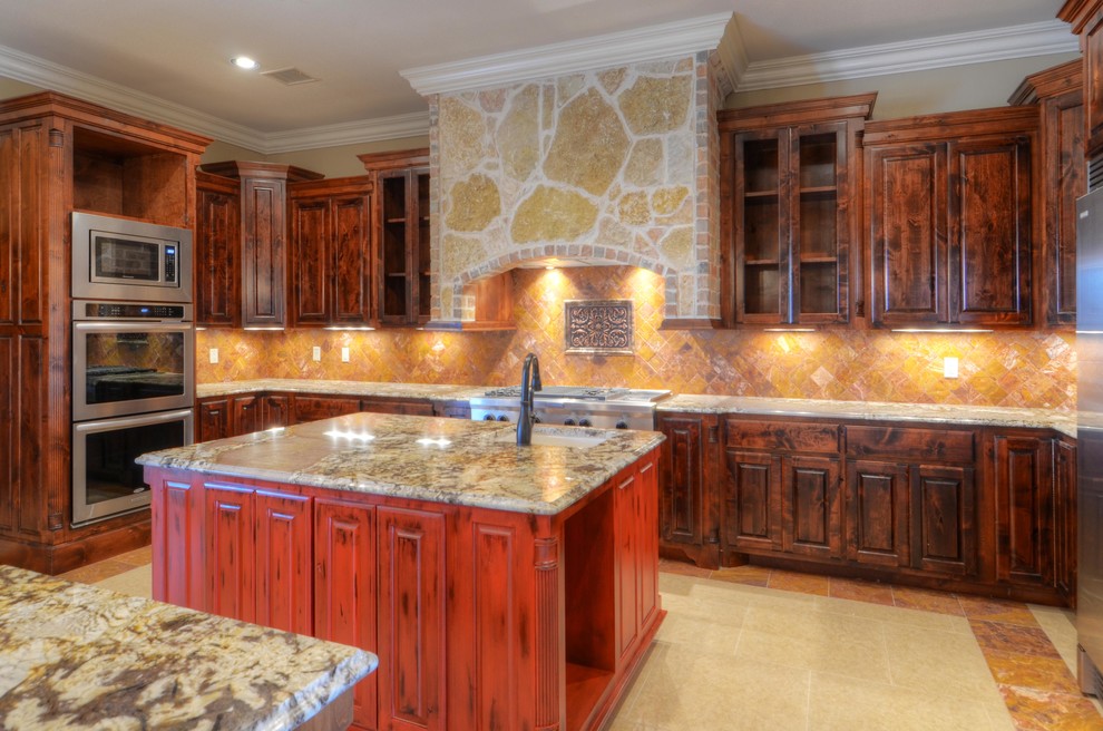 Example of a large classic u-shaped porcelain tile open concept kitchen design in Austin with a single-bowl sink, glass-front cabinets, dark wood cabinets, granite countertops, orange backsplash, stone tile backsplash, stainless steel appliances and an island