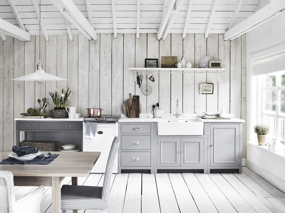 Diseño de cocina rectangular y gris y blanca rústica