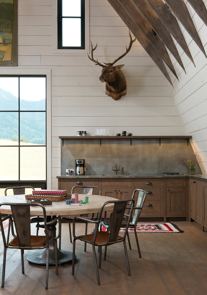 Design ideas for a large rural single-wall kitchen/diner in Other with a submerged sink, shaker cabinets, medium wood cabinets, zinc worktops, grey splashback, integrated appliances, no island and dark hardwood flooring.