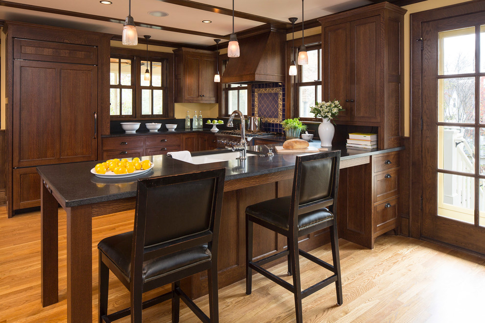 Inspiration for a craftsman u-shaped light wood floor and beige floor kitchen remodel in Minneapolis with an undermount sink, shaker cabinets, dark wood cabinets, multicolored backsplash, paneled appliances, a peninsula and black countertops
