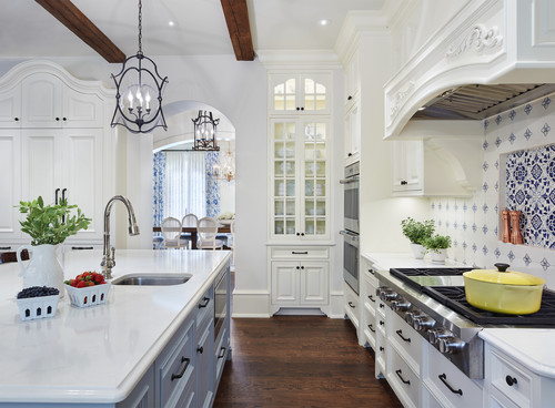 elegant kitchen in white and blue color scheme