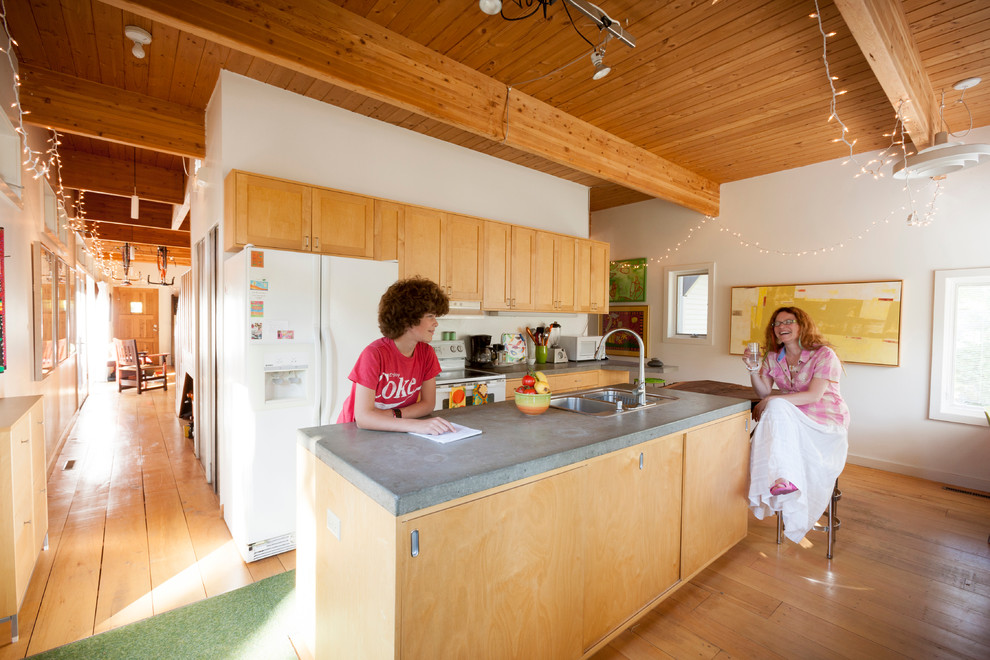 Moderne Küche mit Betonarbeitsplatte und weißen Elektrogeräten in Minneapolis