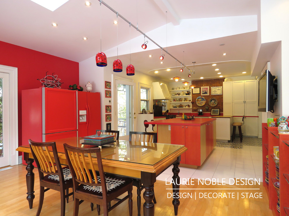 Photo of an expansive contemporary u-shaped kitchen/diner in New York with a double-bowl sink, flat-panel cabinets, red cabinets, laminate countertops, brown splashback, ceramic flooring and multiple islands.