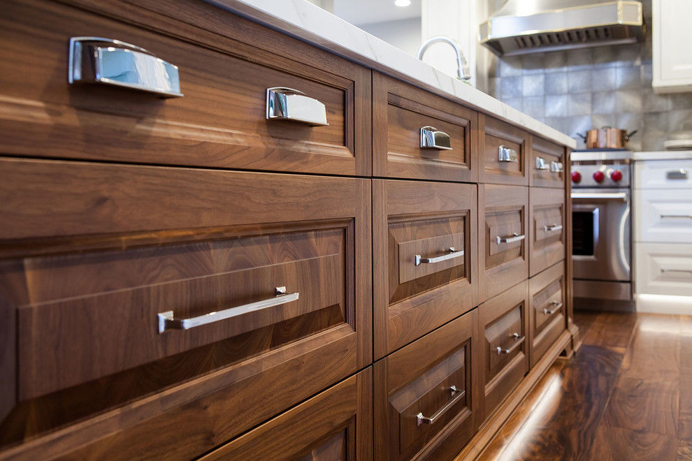 Stained Wood Island Drawers Versus Transitional Kitchen