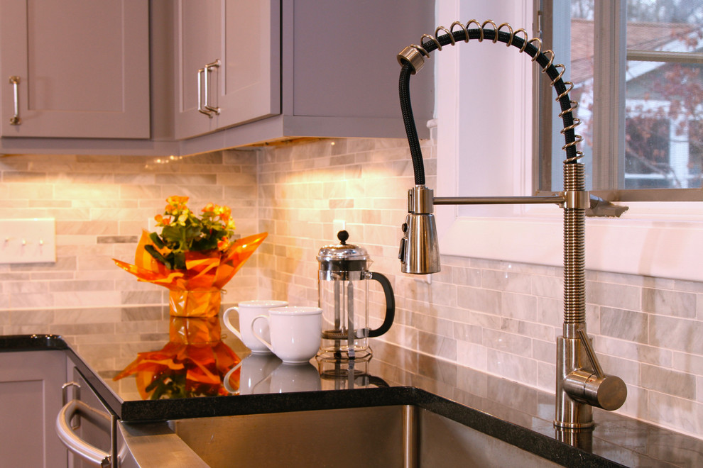 Stainless Steel Farmhouse Sink with Gray Porcelain Backsplash