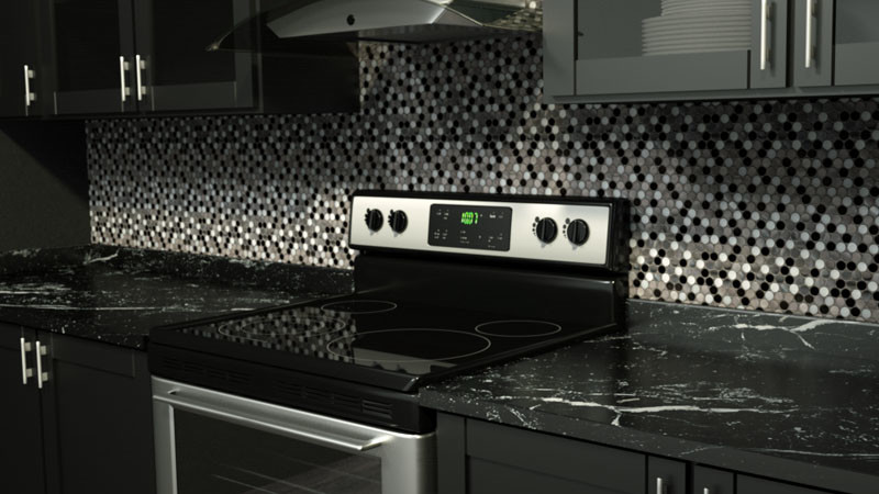 Minimalist kitchen photo in Miami with gray backsplash and metal backsplash