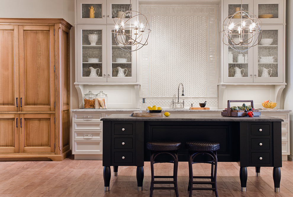 Kitchen - contemporary kitchen idea in Boston with mosaic tile backsplash, glass-front cabinets, white cabinets, granite countertops and white backsplash