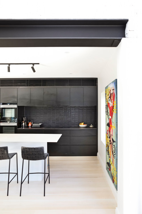 Sleek Monochrome Kitchen Design Inspirations: White Central Island and Black Cabinets