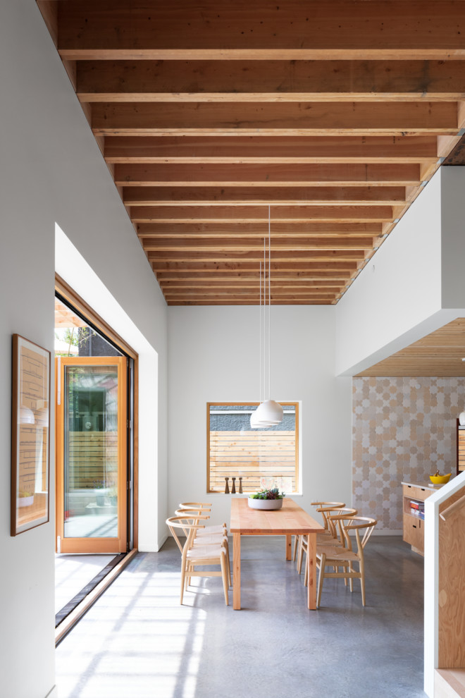 Idee per una grande sala da pranzo aperta verso la cucina scandinava con pavimento in cemento e pavimento grigio