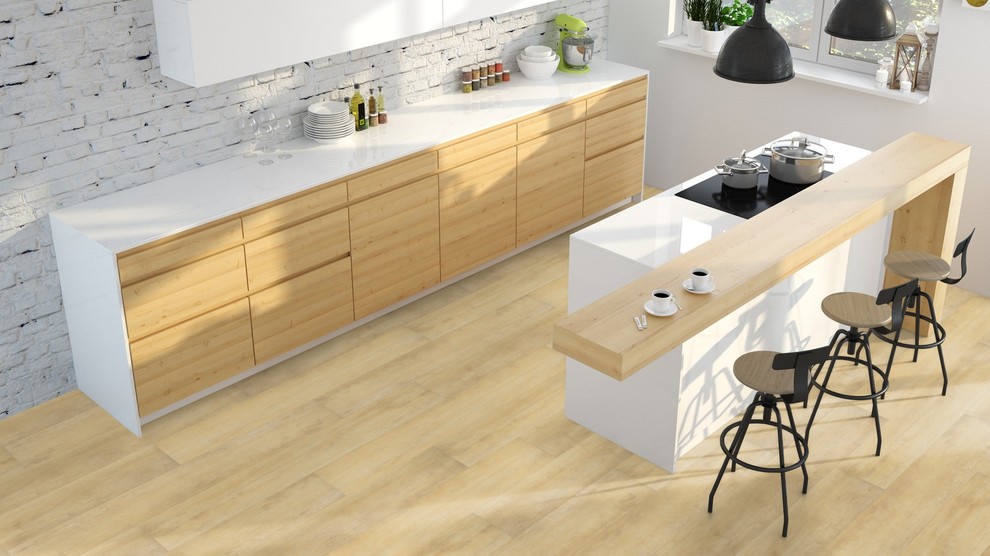 Cette image montre une cuisine design de taille moyenne avec un sol en vinyl.