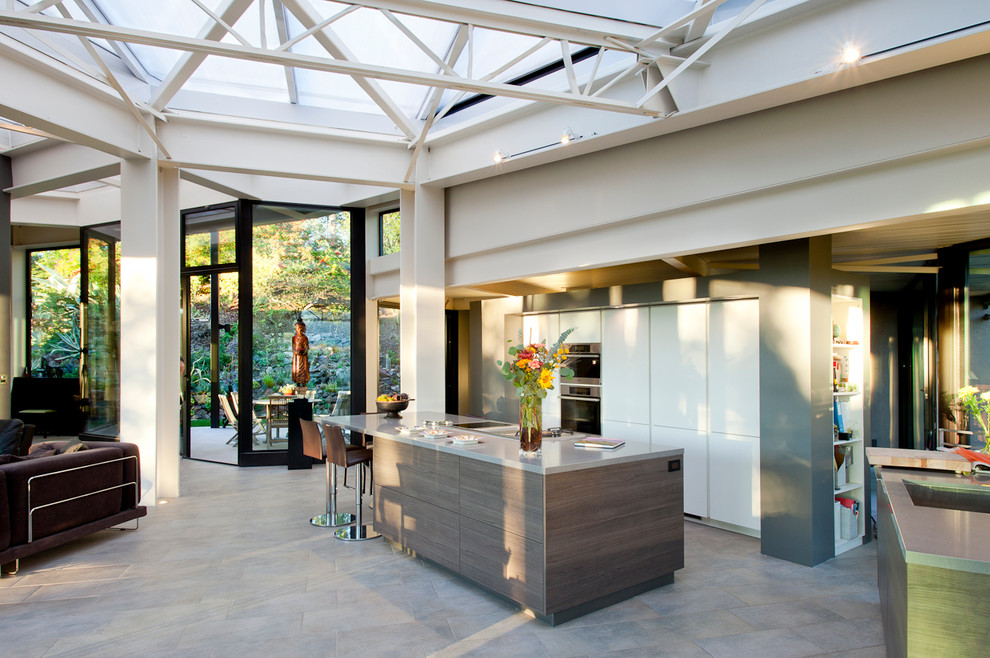 Aménagement d'une cuisine ouverte contemporaine avec un placard à porte plane, des portes de placard blanches et plafond verrière.