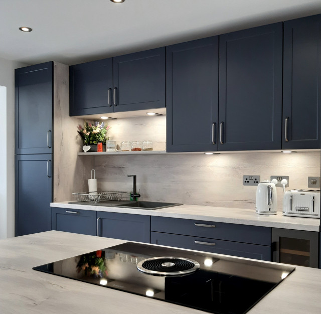 Steel Blue shaker doors and a Bora hob Modern Kitchen