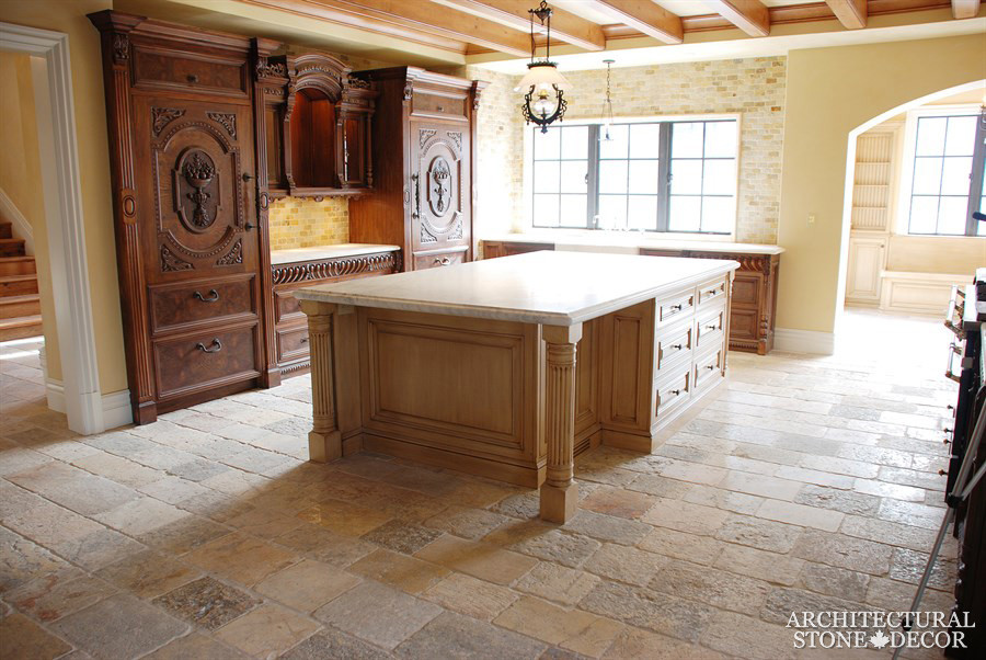 Design ideas for a medium sized mediterranean kitchen/diner in Toronto with limestone worktops, yellow splashback, limestone splashback and limestone flooring.