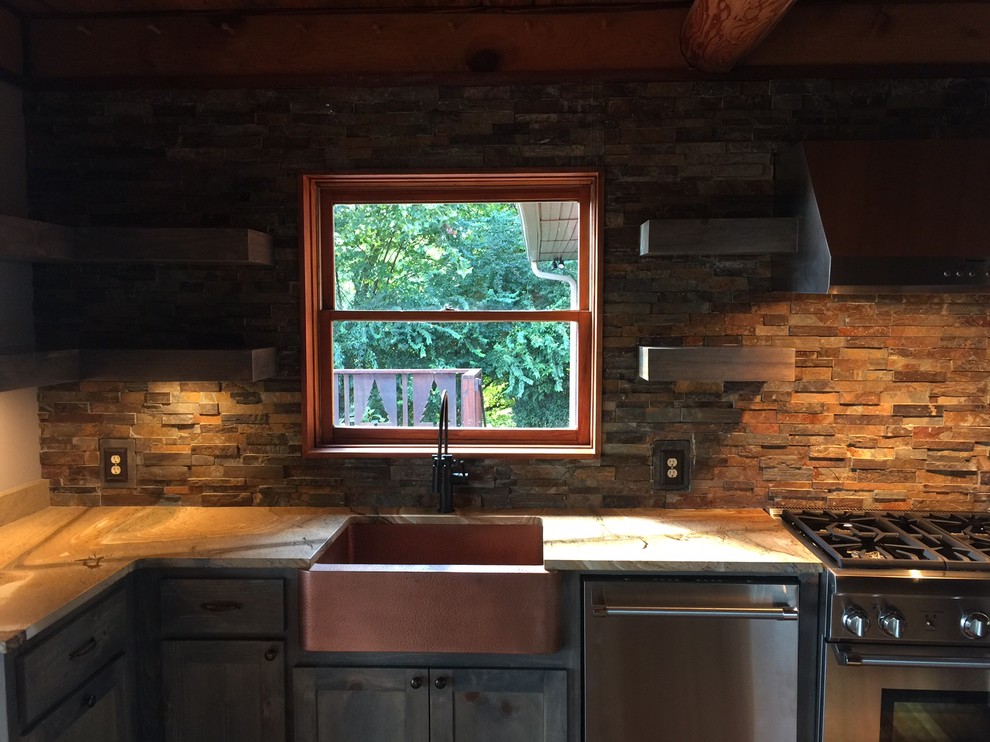 Enclosed kitchen - mid-sized rustic single-wall light wood floor enclosed kitchen idea in Other with a farmhouse sink, raised-panel cabinets, dark wood cabinets, marble countertops, multicolored backsplash, matchstick tile backsplash and stainless steel appliances
