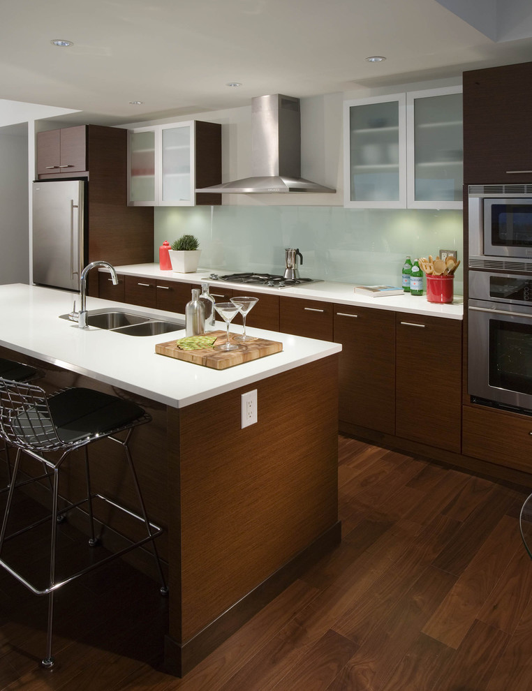 Minimalist kitchen photo in Vancouver with glass-front cabinets and stainless steel appliances