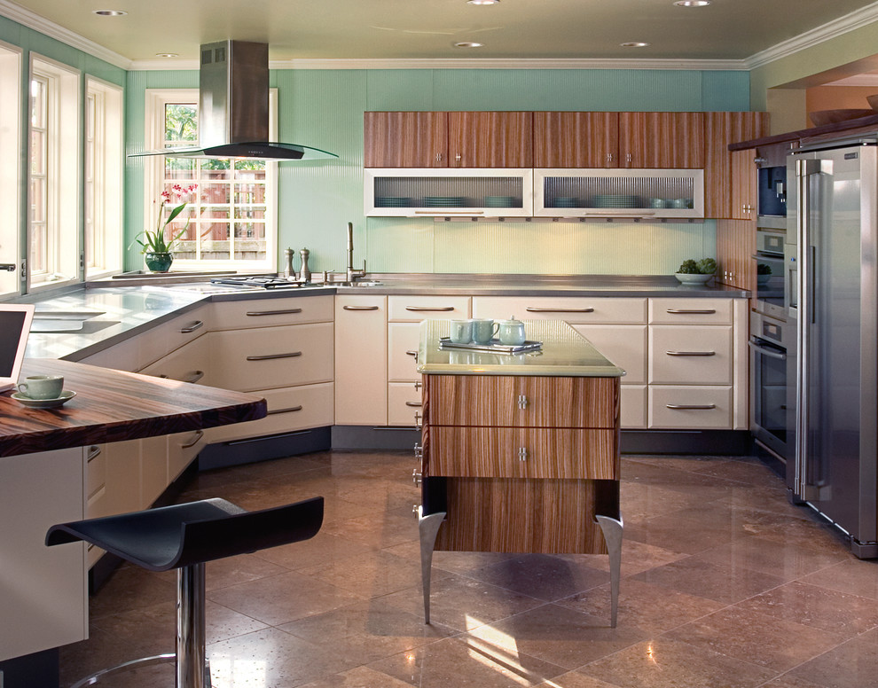 Example of a large eclectic u-shaped ceramic tile and brown floor kitchen design in Seattle with an undermount sink, flat-panel cabinets, white cabinets, quartz countertops, stainless steel appliances, an island and gray countertops