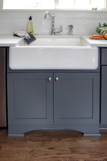 Storm Gray Kitchen - Close Up of Apron Sink and Gray Painted Cabinets ...