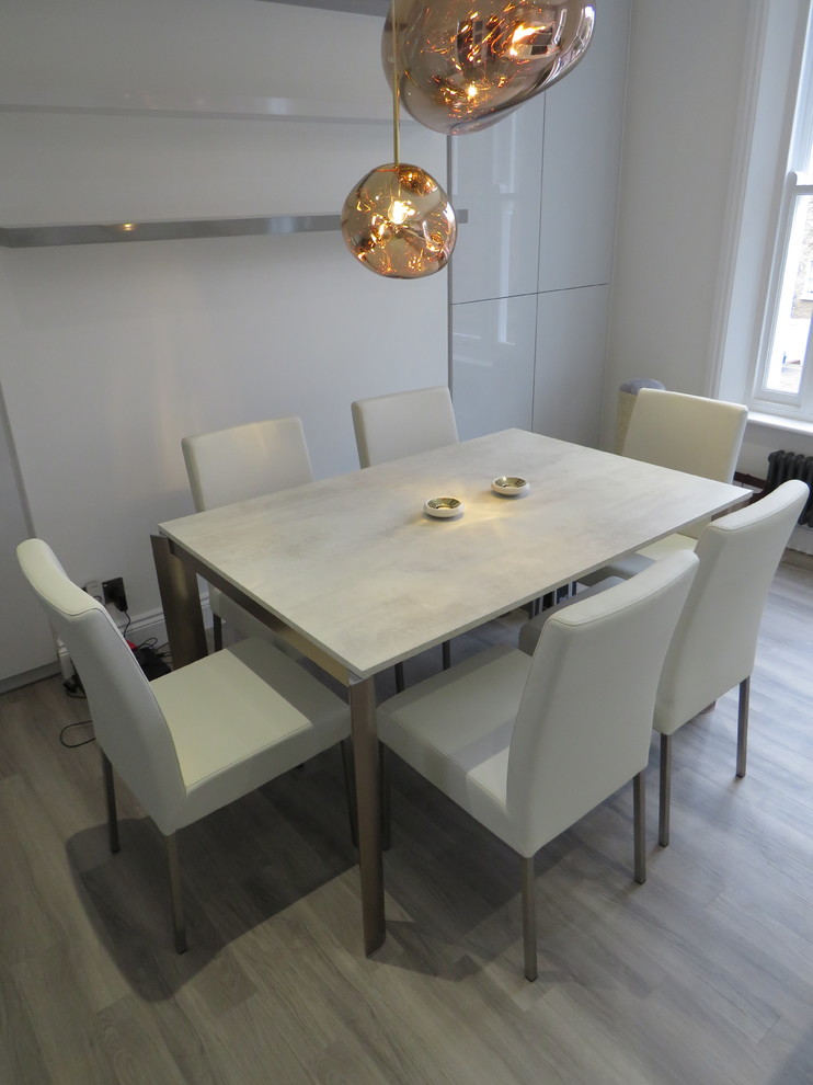 Idées déco pour une salle à manger ouverte sur la cuisine contemporaine de taille moyenne avec un sol en vinyl et un sol gris.