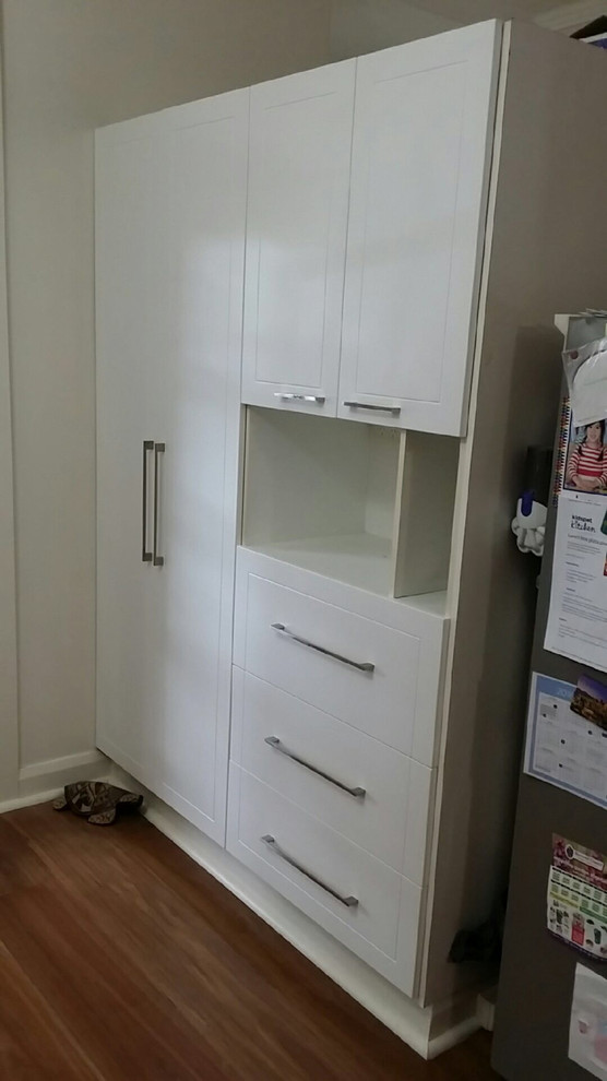 Cette image montre une cuisine minimaliste avec des portes de placard blanches.