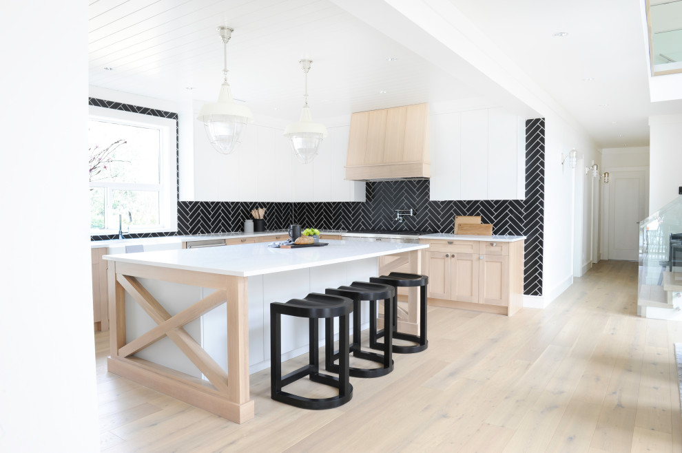 Inspiration for a scandi u-shaped open plan kitchen in Other with black splashback, stainless steel appliances, an island, white worktops and a timber clad ceiling.
