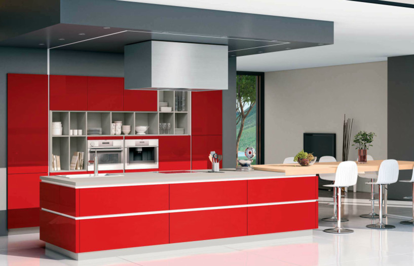 Photo of a large modern single-wall open plan kitchen in London with a single-bowl sink, raised-panel cabinets, red cabinets, integrated appliances, ceramic flooring and an island.