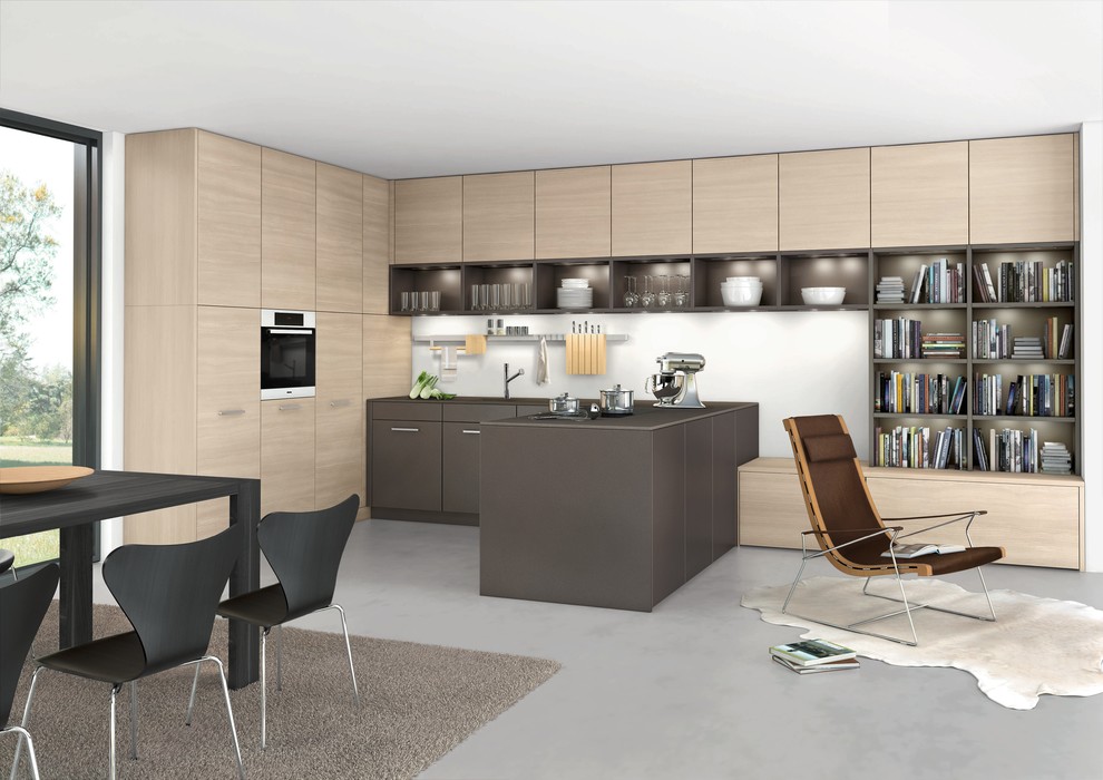 Eat-in kitchen - mid-sized contemporary l-shaped light wood floor eat-in kitchen idea in New York with an undermount sink, flat-panel cabinets, light wood cabinets, solid surface countertops, stainless steel appliances and a peninsula