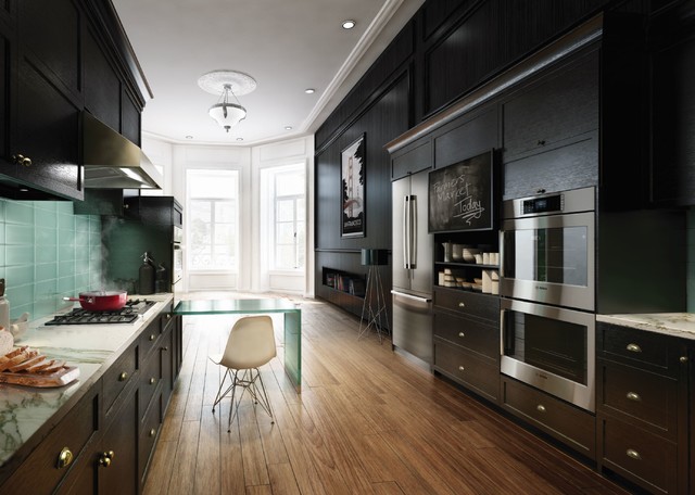 Stylish Dark and Cozy Galley Kitchen with Bosch Appliances