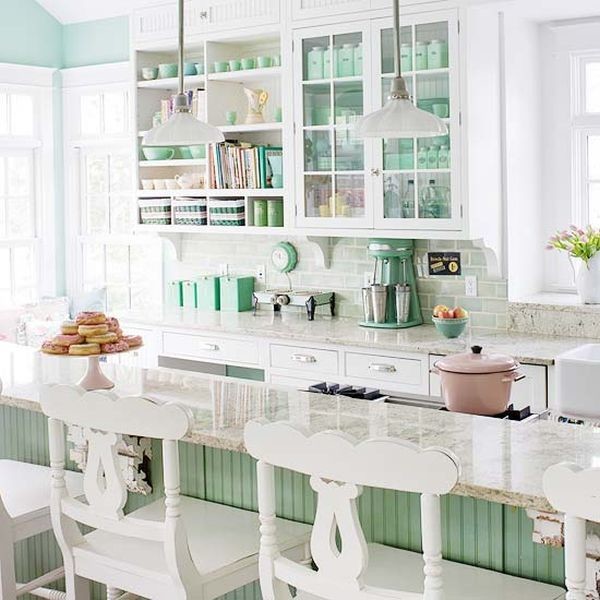 Enclosed kitchen - mid-sized shabby-chic style l-shaped enclosed kitchen idea in Cleveland with a farmhouse sink, beaded inset cabinets, white cabinets, granite countertops, blue backsplash, subway tile backsplash, stainless steel appliances and an island