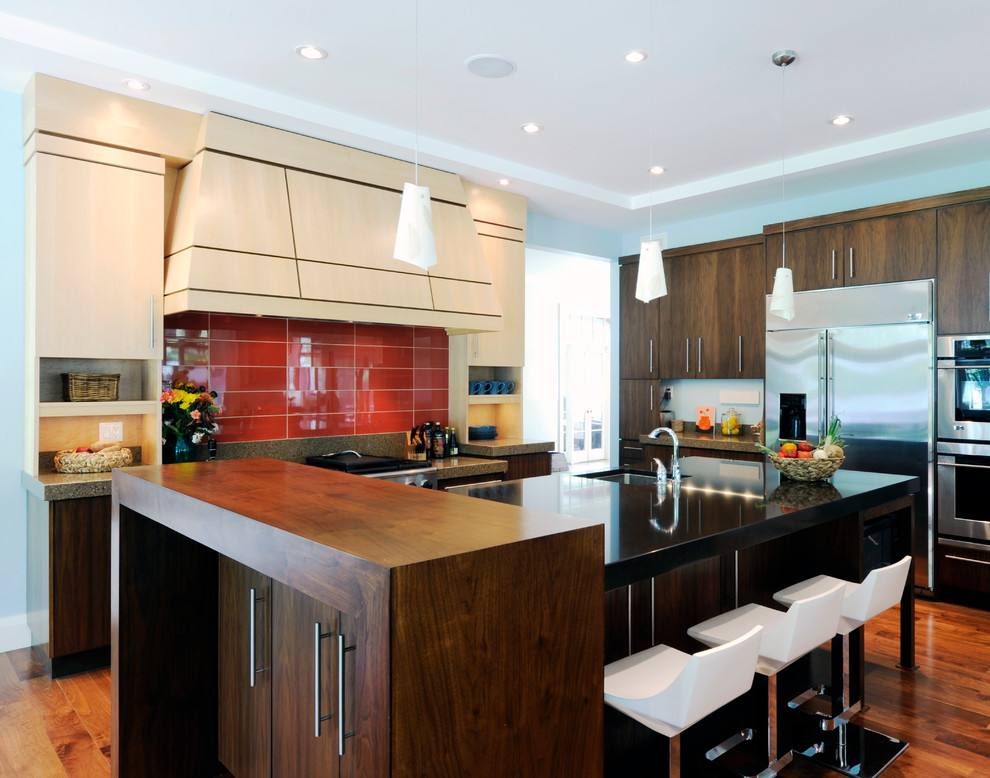 Design ideas for a classic kitchen in Ottawa with a single-bowl sink, flat-panel cabinets, dark wood cabinets, red splashback, stainless steel appliances and glass tiled splashback.