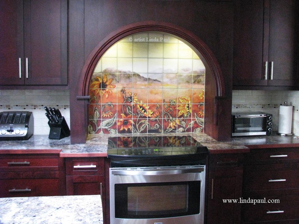 Sunflower Kitchen backsplash design by artist Linda Paul Traditional