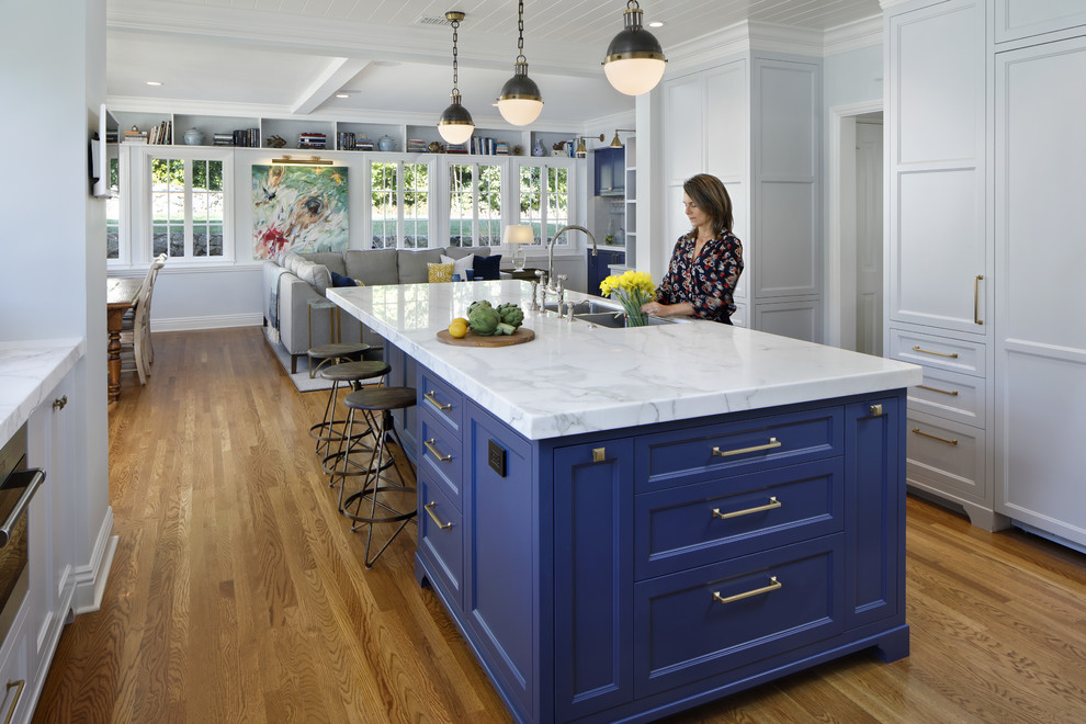 Пример оригинального дизайна: кухня в стиле неоклассика (современная классика) с накладной мойкой, синими фасадами, фартуком из плитки кабанчик и паркетным полом среднего тона